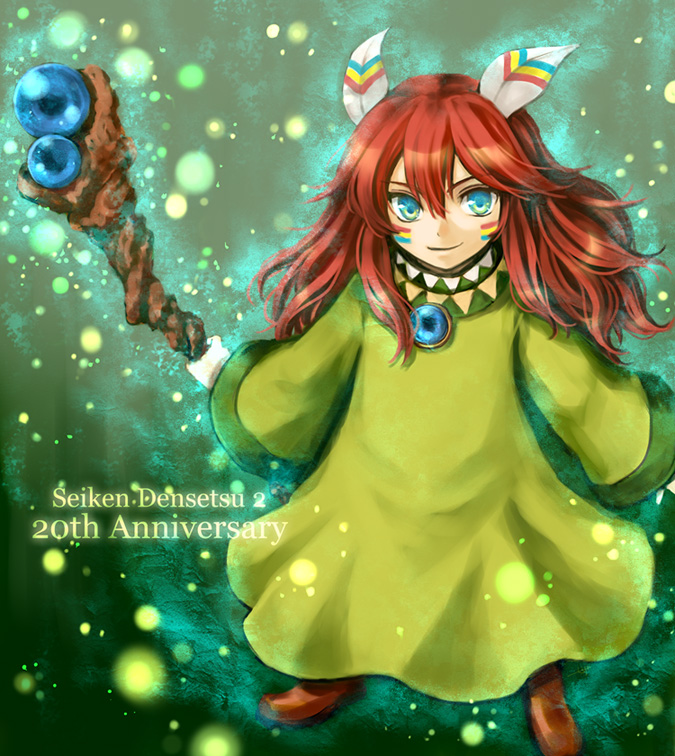 1boy, androgynous, anniversary, aura, blue_eyes, facepaint, feathers, gem, glowing, hair_feathers, long_hair, nino_(sssaries), popoie, redhead, seiken_densetsu, seiken_densetsu_2, solo, staff, tunic