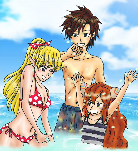 1girl, 2boys, bikini, blonde_hair, blue_eyes, breasts, brown_hair, cleavage, green_eyes, high_ponytail, long_hair, multiple_boys, nayutoshi, ocean, one-piece_swimsuit, pointy_ears, polka_dot, polka_dot_bikini, polka_dot_swimsuit, popoie, purim, randi, red_bikini, redhead, seiken_densetsu, seiken_densetsu_2, shirtless, splashing, swimsuit, violet_eyes, wading