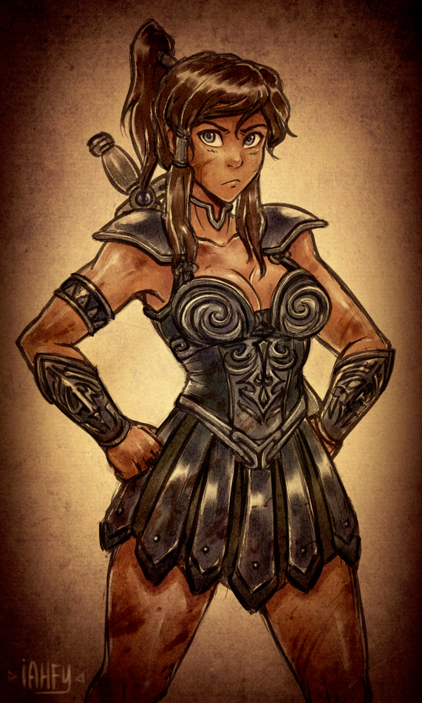 1girl, armlet, armor, armored_dress, avatar_legends, blue_eyes, breasts, brown_hair