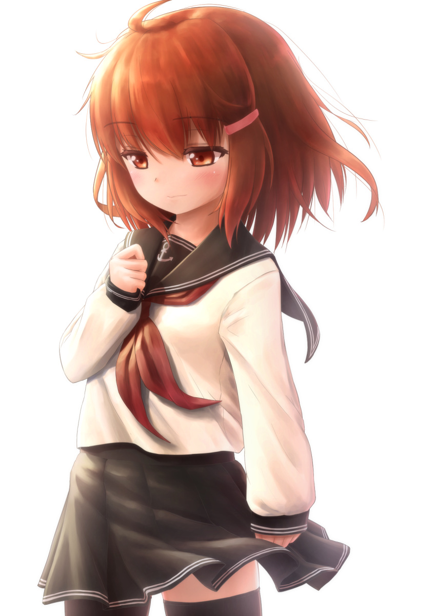 1girl, black_skirt, blush, brown_eyes, brown_hair, hair_ornament, hairclip, highres