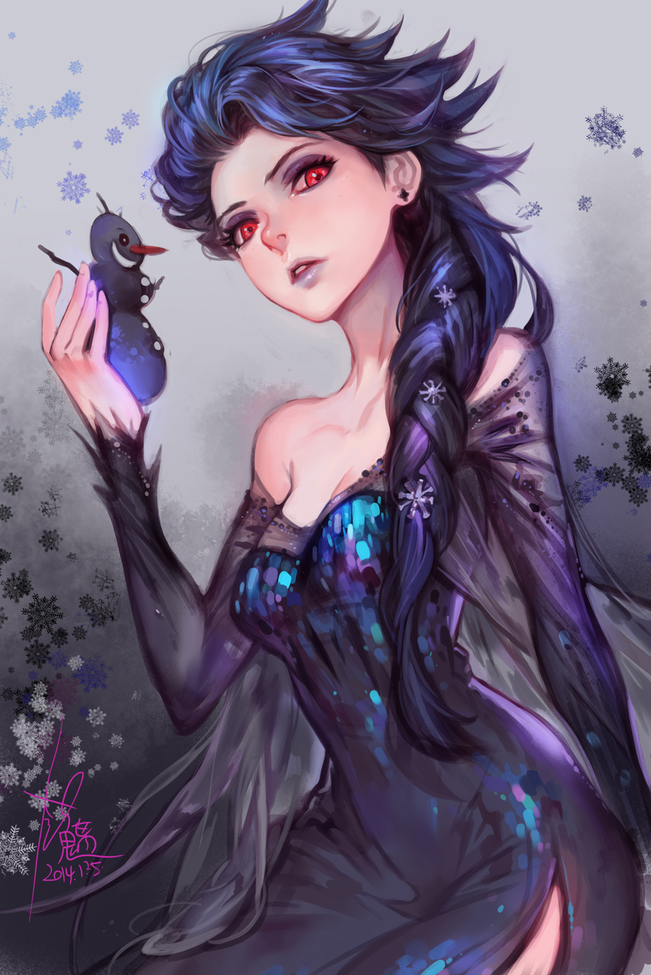 1girl, 2014, braid, dark_persona, dated, dress, elsa_(frozen), eyeshadow