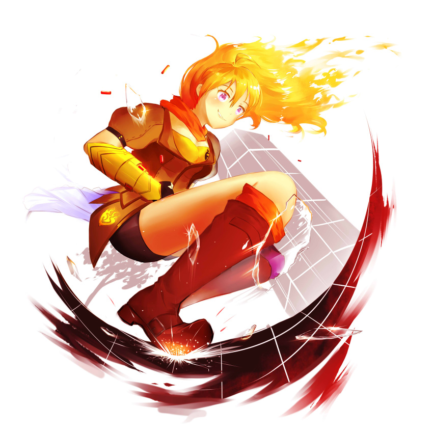 1girl, absurdres, ahoge, bike_shorts, black_shorts, blonde_hair, boots, brown_boots