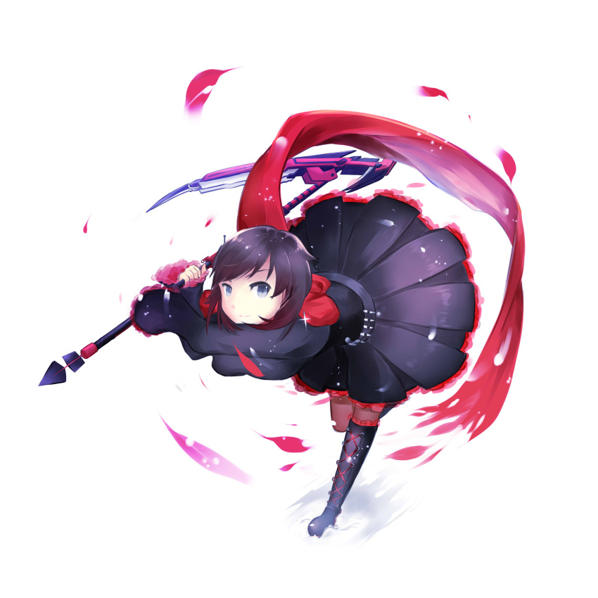 1girl, bandolier, belt, black_boots, black_dress, black_hair, boots, cape