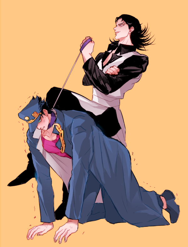 2boys, black_hair, gunbam, hat, human_chair, human_furniture, jojo_no_kimyou_na_bouken, kuujou_joutarou
