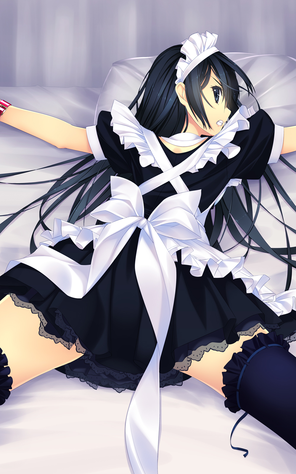 1girl, apron, bdsm, black_eyes, black_hair, black_legwear, blush, bondage, cuffs, f-ism, frills, handcuffs, highres, long_hair, looking_at_viewer, looking_back, lying, maid, maid_headdress, murakami_suigun, on_stomach, original, puffy_sleeves, ribbon, skirt, solo, spread_legs, thigh-highs
