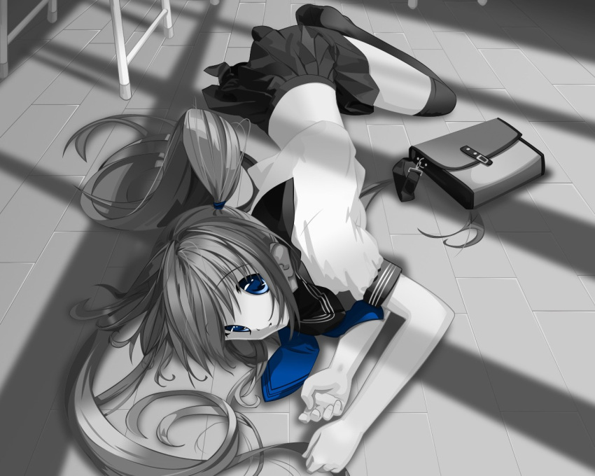 1girl, blue_eyes, bookbag, laying, midriff, polychromatic, school_uniform, seifuku, tagme, thighhighs, twintails, ueda_ryo