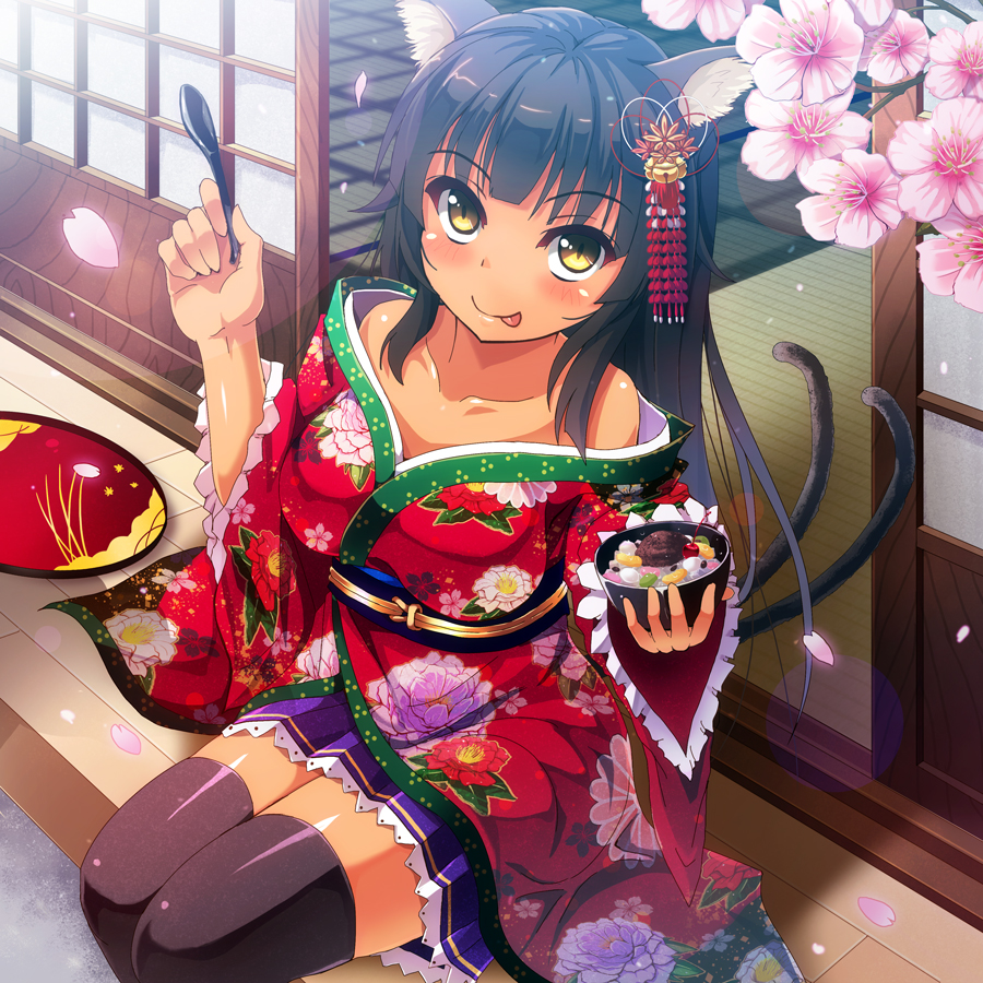 1girl, ;p, animal_ears, black_hair, black_legwear, blush, breasts, cat_ears