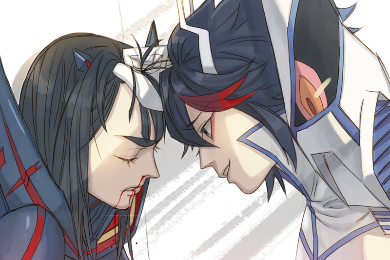 2girls, black_hair, blood, closed_eyes, cosom, eyebrows, hair_grab, junketsu
