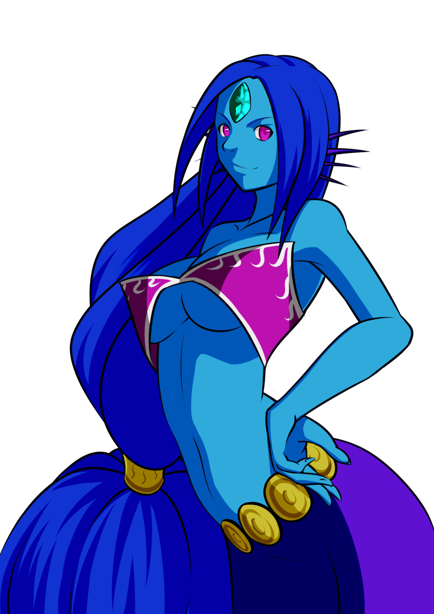 1girl, absurdres, belt, big_hair, blue_hair, blue_skin, bobu_(masdoudanuki), breasts