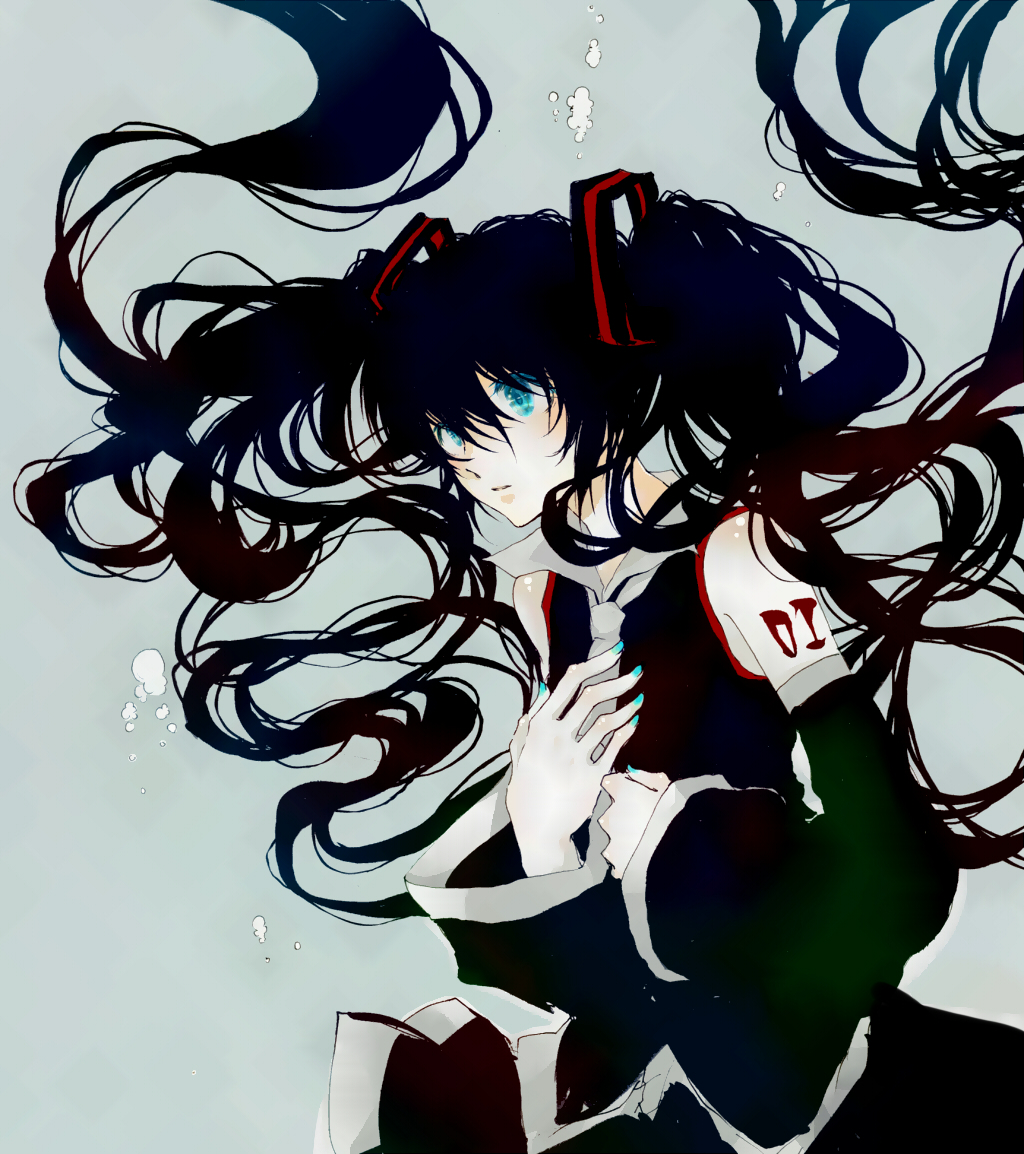 black_hair, blue_eyes, detached_sleeves, hatsune_miku, long_hair, nail_polish, necktie, nekonomimiko