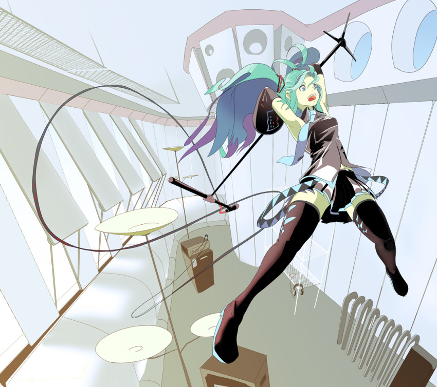 aqua_eyes, aqua_hair, bad_id, detached_sleeves, hatsune_miku, headphones, lamp, long_hair
