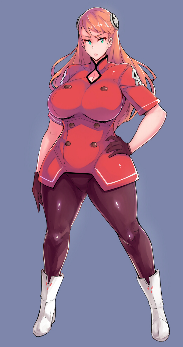 aida_reihanton, blue_eyes, breasts, frown, gundam, gundam_reconguista_in_g, hand_on_hip, huge_breasts, long_hair, redhead, zako_(arvinry)