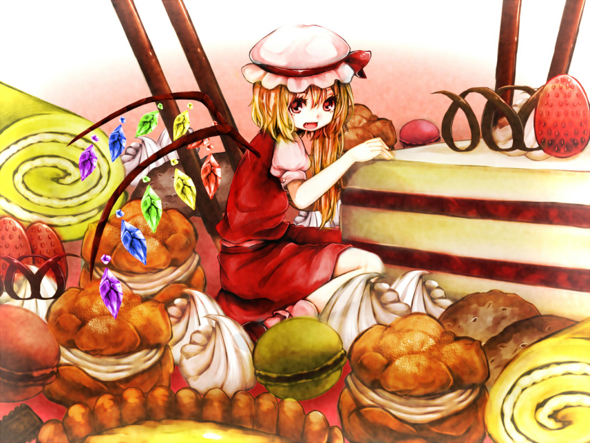 1girl, :d, blonde_hair, cake, fang, flandre_scarlet, food, mob_cap, open_mouth, oversized_object, puffy_short_sleeves, puffy_sleeves, red_eyes, rnkgmn, short_sleeves, side_ponytail, skirt, smile, sweets, touhou, vest, wings