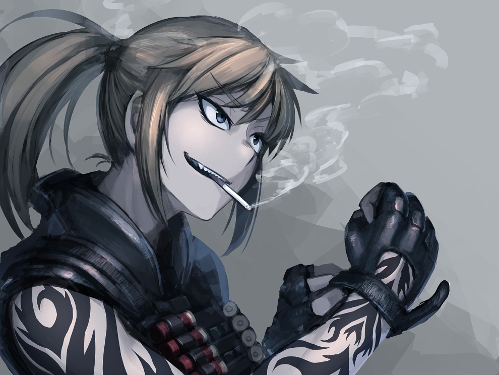 1girl, blonde_hair, blue_eyes, cigarette, fingerless_gloves, gloves, hetza_(hellshock), long_hair