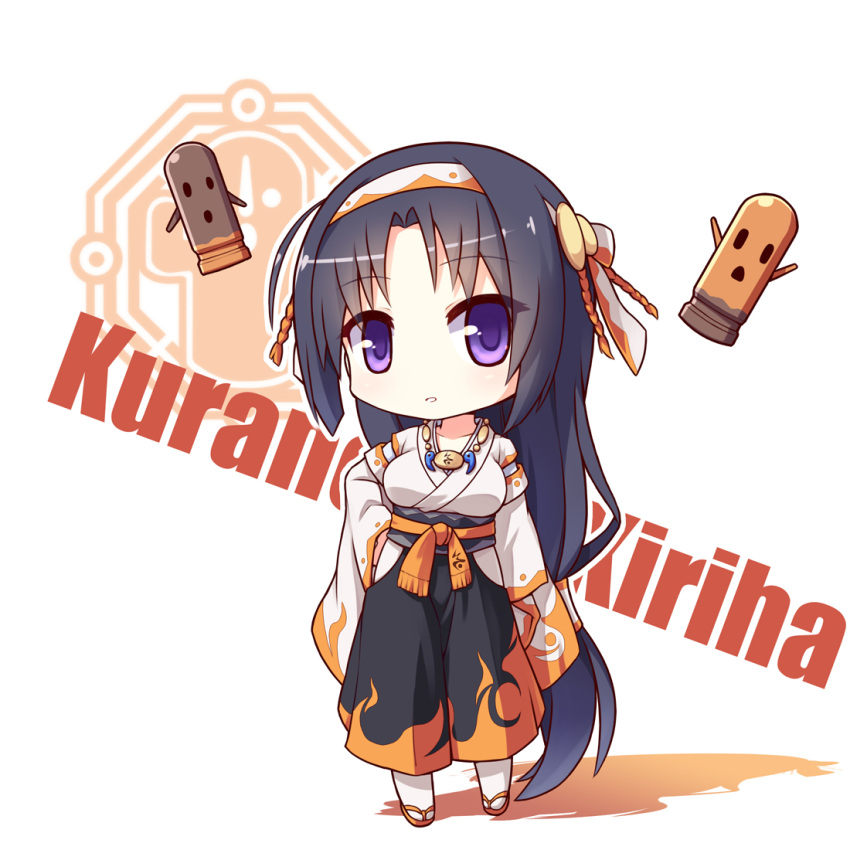 1girl, black_hair, chibi, japanese_clothes, karama, korama, kurano_kiriha, langbazi, long_hair, ponytail, rokujouma_no_shinryakusha!?, solo, violet_eyes