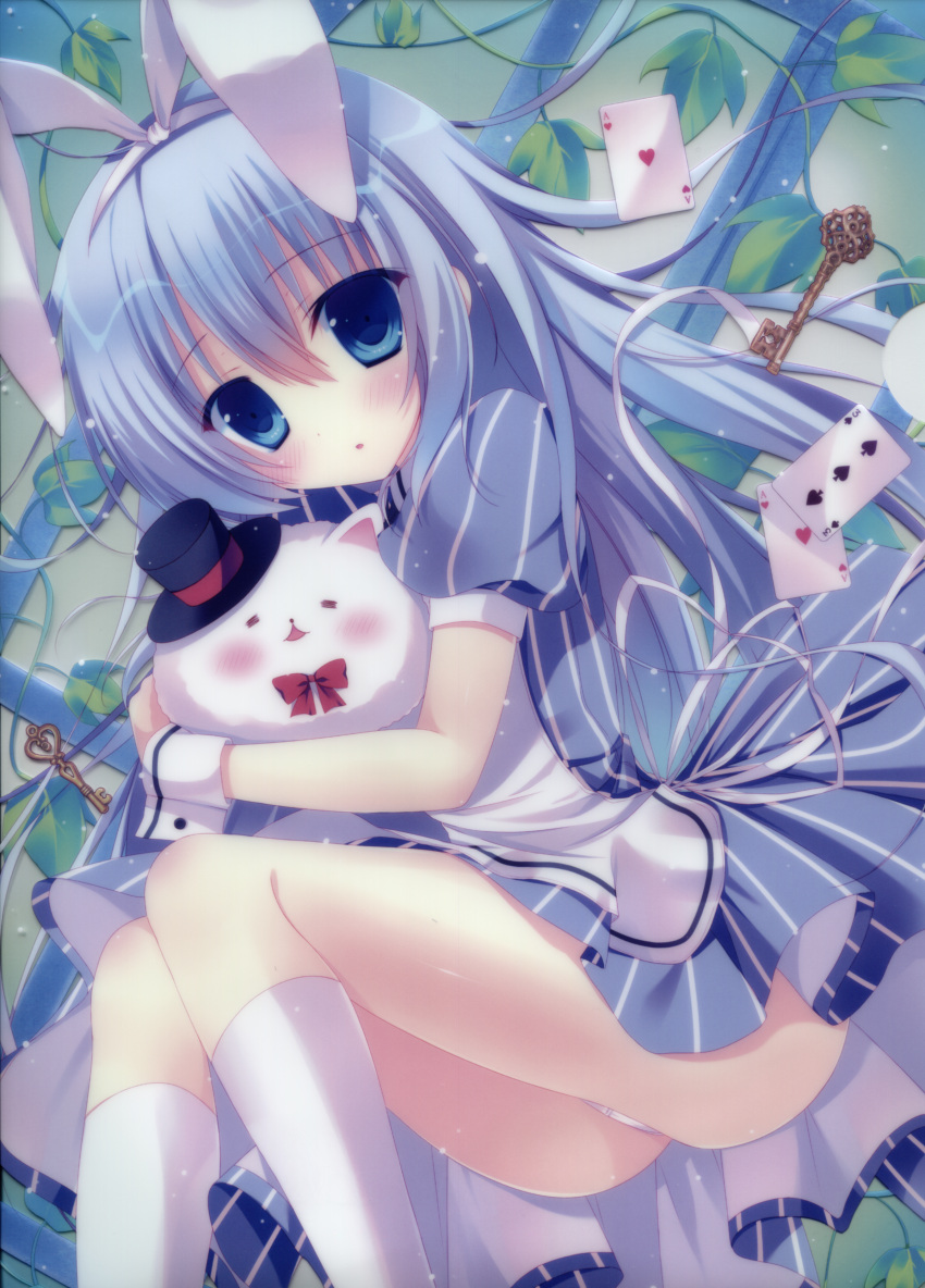 1girl, =_=, absurdres, blue_dress, blue_eyes, blue_hair, blush, bow, card, dress, gochuumon_wa_usagi_desuka?, hair_ribbon, hat, heart, heart_card, highres, kafuu_chino, key, kneehighs, long_hair, matsunon_(artist), mini_top_hat, open_mouth, panties, pantyshot, playing_card, ribbon, scan, short_sleeves, spades_card, sparkle, striped, striped_dress, tippy_(gochuumon_wa_usagi_desuka?), top_hat, underwear, vines, white_legwear, wrist_cuffs