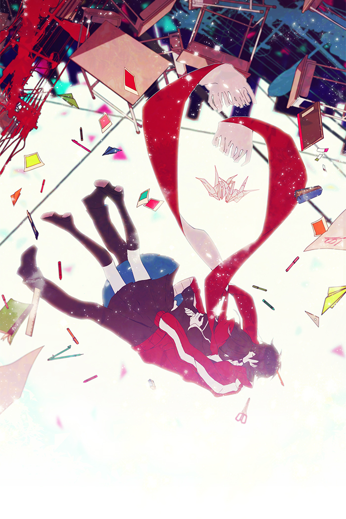 1boy, 1girl, black_hair, closed_eyes, couple, desk, falling, hari_(tottchiya), hetero, hug, kagerou_project, kisaragi_shintarou, long_hair, notebook, paper, paper_airplane, paper_crane, pencil, photo_(object), ruler, scarf, school_uniform, scissors, serafuku, short_hair, tateyama_ayano