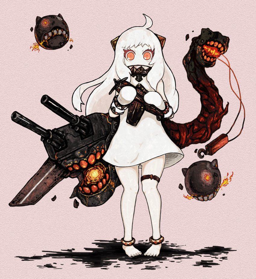 1girl, ahoge, bare_legs, barefoot, covered_mouth, dress, highres, horns