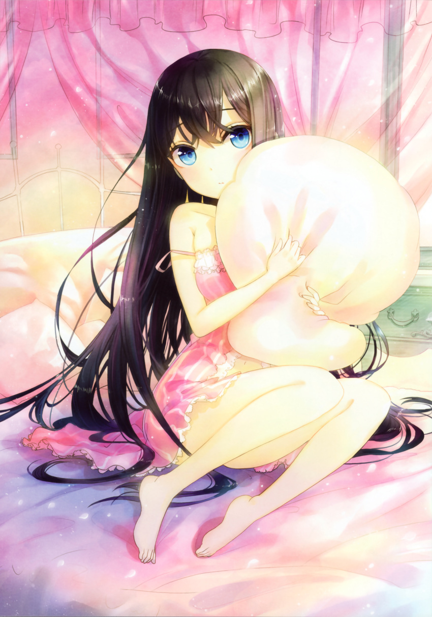 1girl, absurdres, babydoll, bare_legs, bare_shoulders, barefoot, bed, black_hair, blue_eyes, curtains, fuumi_(radial_engine), highres, long_hair, looking_at_viewer, off_shoulder, pillow, pillow_hug, sitting, solo, yokozuwari