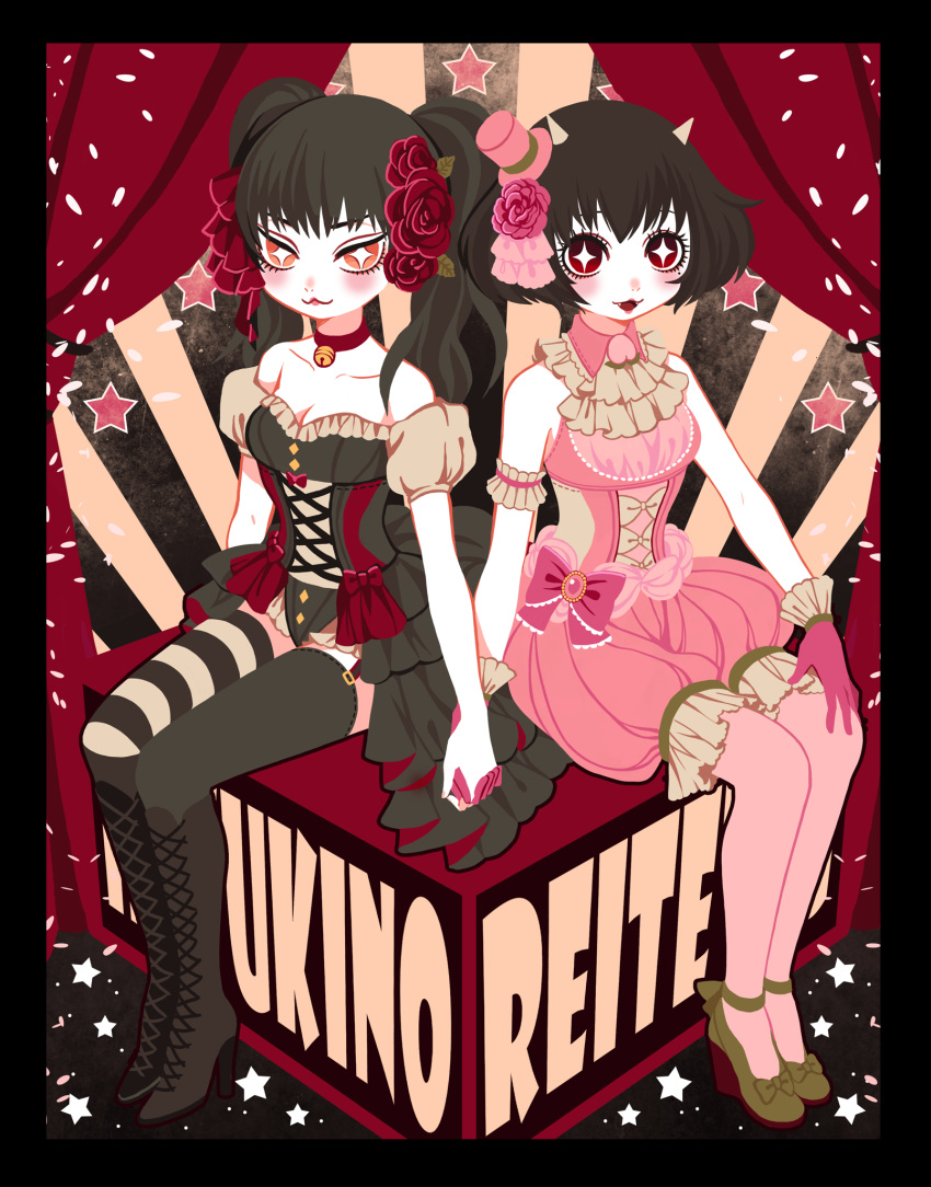 2girls, bare_shoulders, dress, gin-jou, hat, highres, hoozuki_no_reitetsu, horns