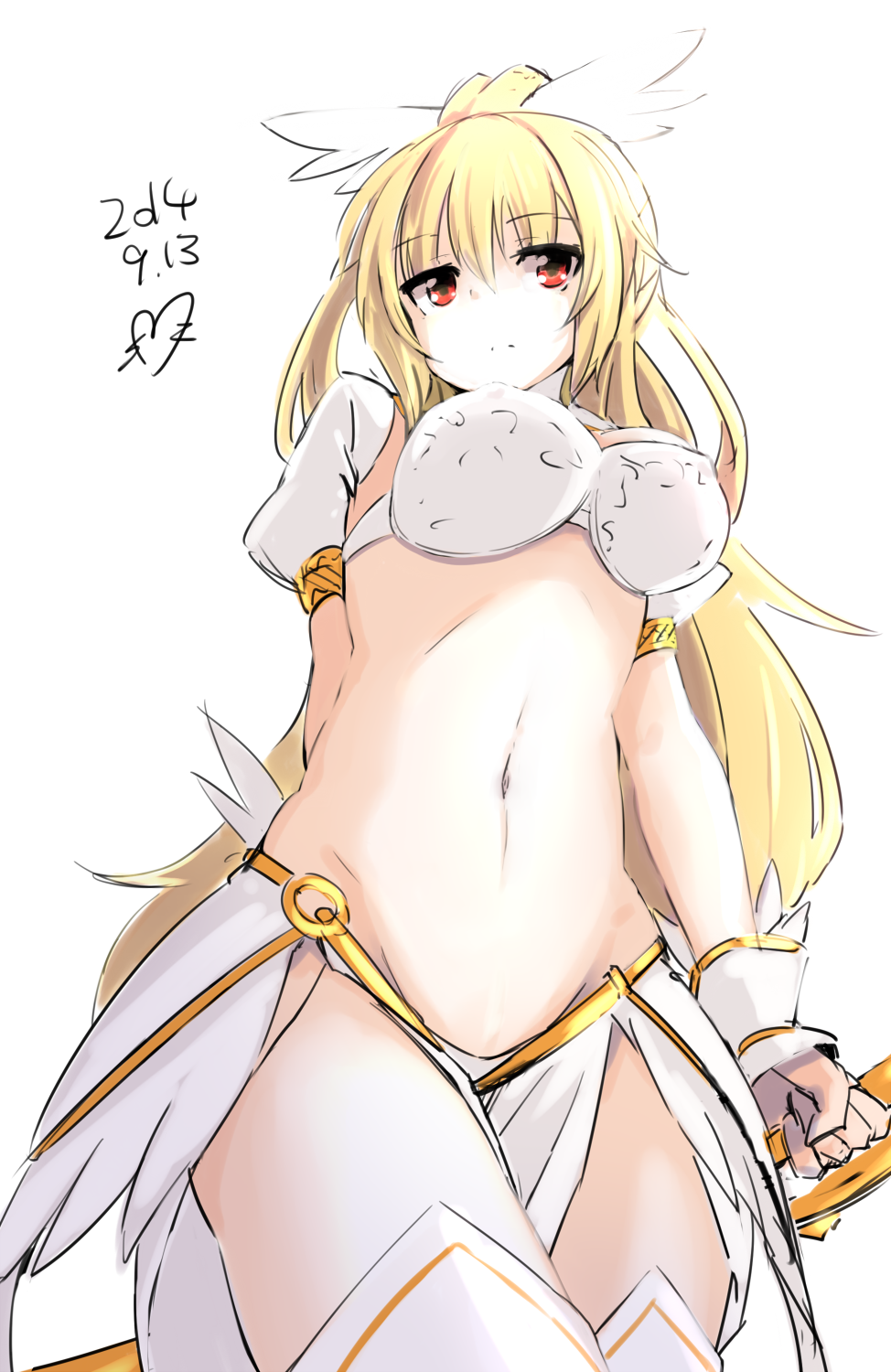 1girl, blonde_hair, bow_(weapon), breasts, dated, hair_ornament, highres, long_hair, momo_(higanbana_and_girl), nanaly_(sennen_sensou_aigis), navel, perspective, ponytail, red_eyes, sennen_sensou_aigis, solo, weapon, white_background, white_legwear, wrist_cuffs