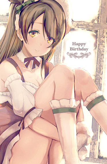 1girl, brown_hair, detached_collar, detached_sleeves, happy_birthday, ivioss, knees_together_feet_apart, leg_hug
