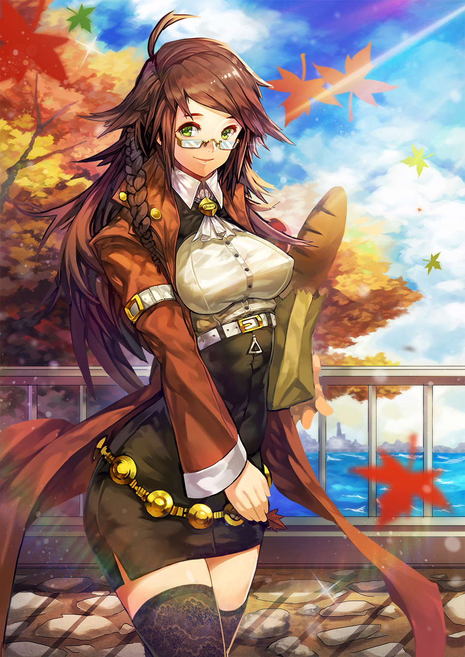 1girl, apple, ascot, autumn, autumn_leaves, bag, belt, black_legwear