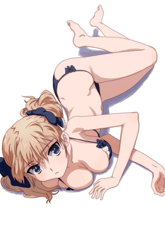barefoot, bikini, blonde_hair, blue_eyes, bow, breasts, cleavage, feet