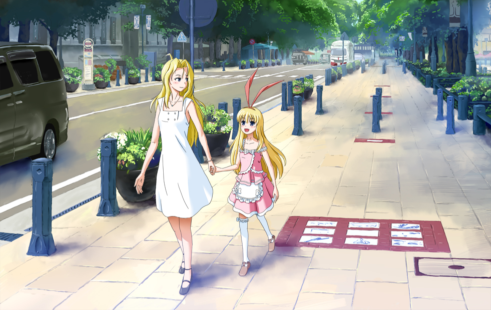 amae_koromo, blonde_hair, bus_stop, car, hairband, hikai, long_hair, motor_vehicle