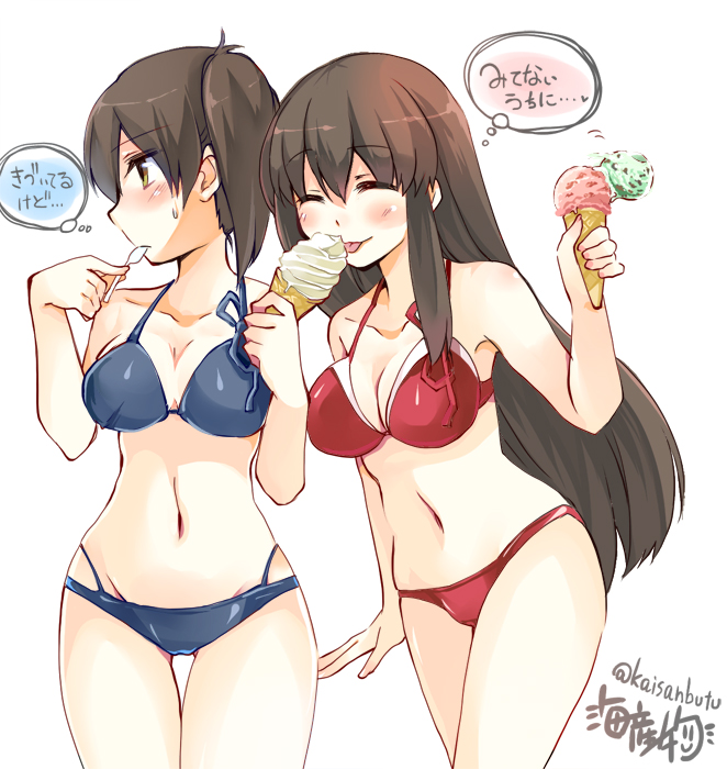 2girls, :p, ^_^, akagi_(kantai_collection), artist_name, bikini, blue_bikini, blush