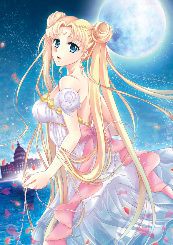 1girl, bare_shoulders, bishoujo_senshi_sailor_moon, blonde_hair, blue_eyes, bow, castle, crescent, double_bun, dress, facial_mark, forehead_mark, full_moon, long_hair, looking_back, moon, partially_submerged, petals, princess_serenity, satou_(satottoro), smile, solo, strapless_dress, tsukino_usagi, twintails, very_long_hair, water, white_dress