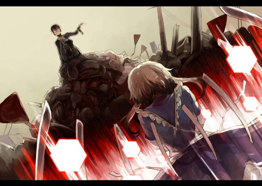 1boy, 1girl, black_hair, crimsonseed, dark_konoha, detached_wings, headphones, kagerou_project