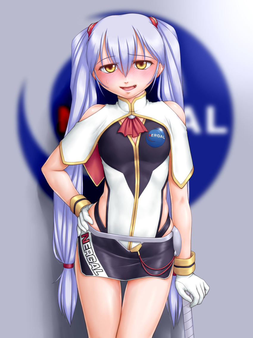 1girl, ^jj^, absurdres, blue_hair, blush, gloves, highres, hoshino_ruri, kidou_senkan_nadesico, leotard, long_hair, miniskirt, racequeen, skirt, twintails, yellow_eyes
