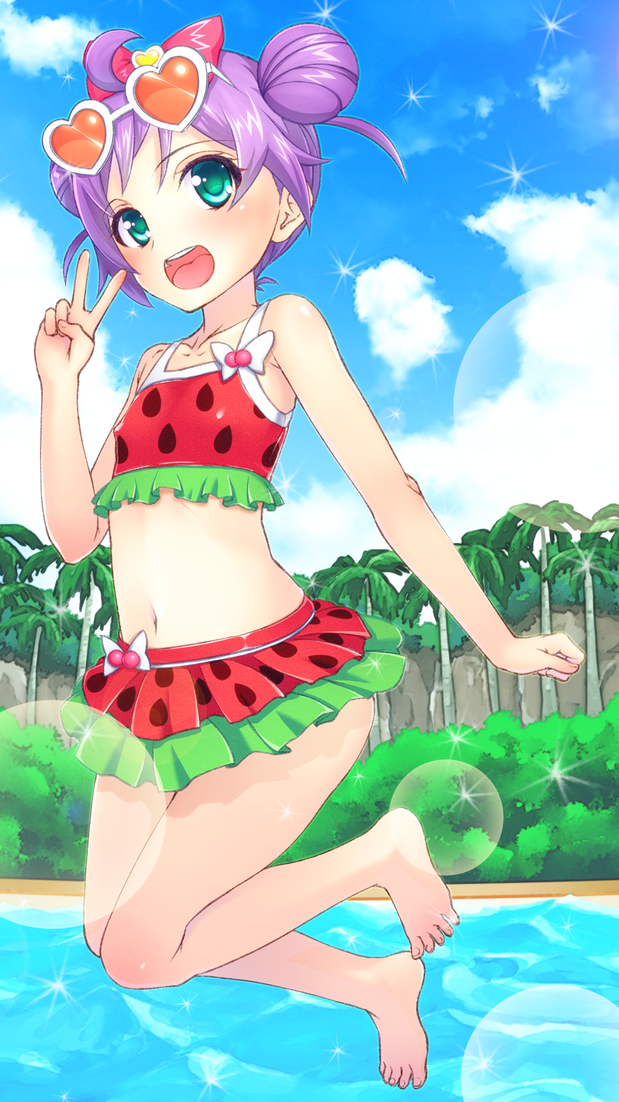 1girl, ahoge, bikini, bow, double_bun, flat_chest, frilled_bikini, frills