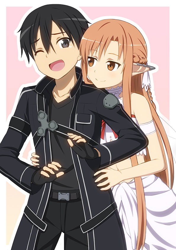 1boy, 1girl, asuna_(sao), black_eyes, black_hair, brown_eyes, brown_hair, couple