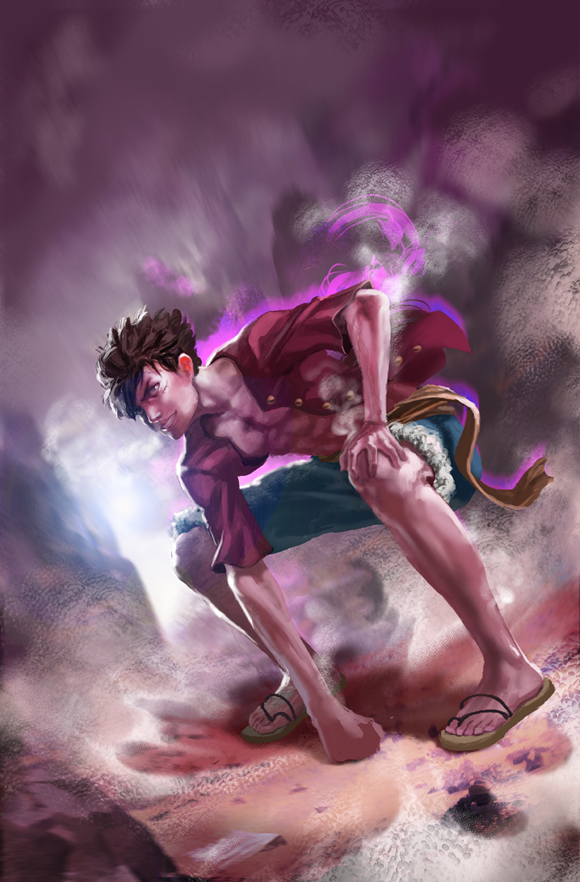 1boy, abs, black_hair, dutch_angle, full_body, fur_trim, gear_second, male, monkey_d_luffy, one_piece, open_clothes, open_shirt, sandals, sash, scar, smile, solo, steam, young-street