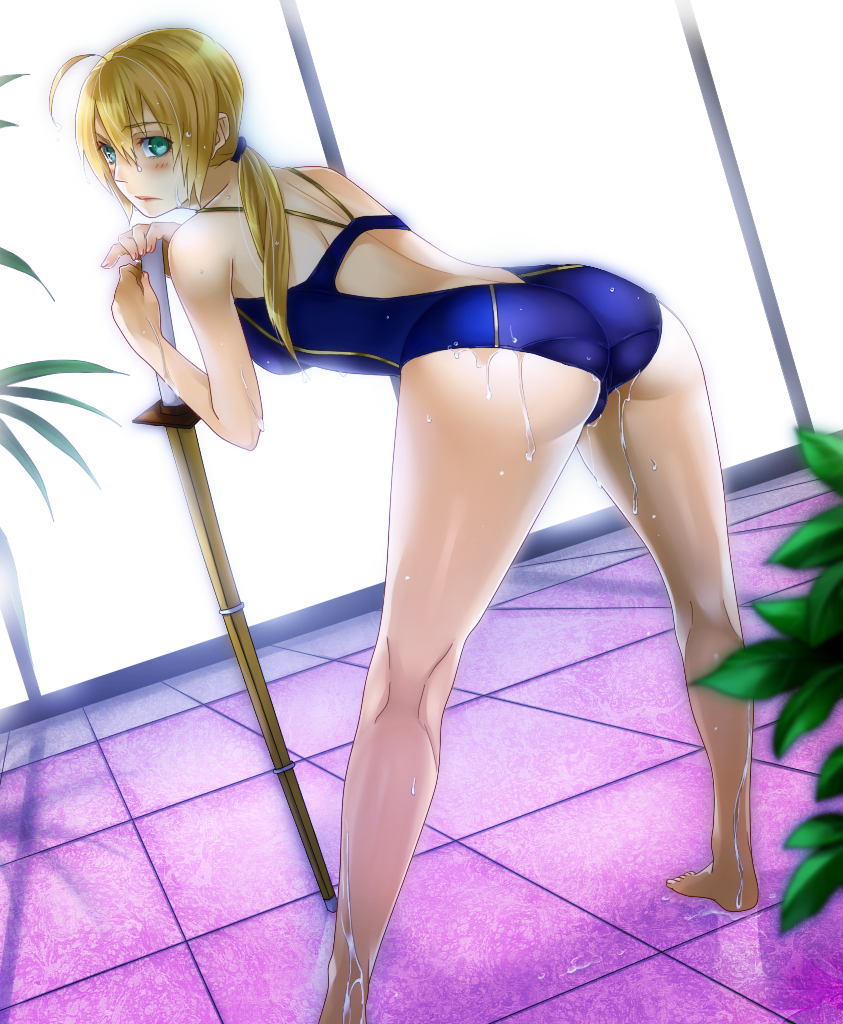 1girl, ass, back, bare_legs, bare_shoulders, barefoot, blonde_hair, blush, breasts, butt_crack, competition_swimsuit, dripping, fate/zero, fate_(series), floor, from_behind, green_eyes, indoors, kneepits, leaning_forward, lips, looking_back, midriff, one-piece_swimsuit, plant, ponytail, saber, sakichi6891, shinai, solo, sweat, sweatdrop, sweating, sweating_profusely, swimsuit, sword, water, water_drop, weapon, wet, wet_clothes