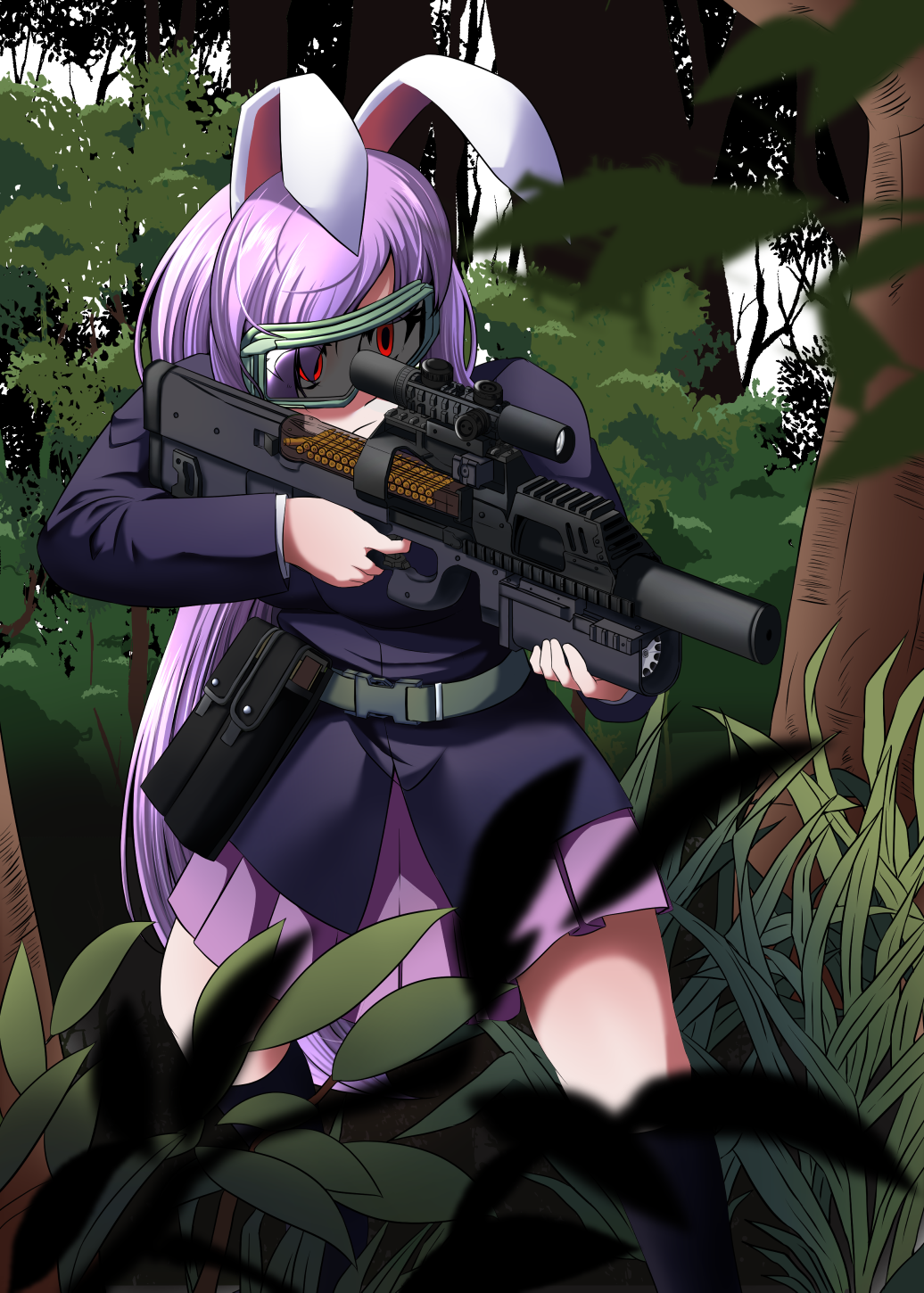 1girl, adapted_costume, airsoft, animal_ears, bag, belt, blurry, bullpup, commentary_request, depth_of_field, forest, goggles, grass, grenade_launcher, gun, highres, jacket, kouno_ibuki, long_hair, long_sleeves, nature, p90, pleated_skirt, purple_hair, rabbit_ears, red_eyes, reisen_udongein_inaba, rifle, scope, skirt, solo, submachine_gun, suppressor, touhou, very_long_hair, weapon