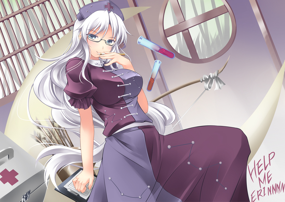 1girl, arrow, bespectacled, blue_eyes, blush, bow_(weapon), breasts, clipboard