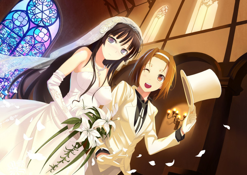 akiyama_mio, bangs, bare_shoulders, black_eyes, black_hair, blunt_bangs, blush, bouquet