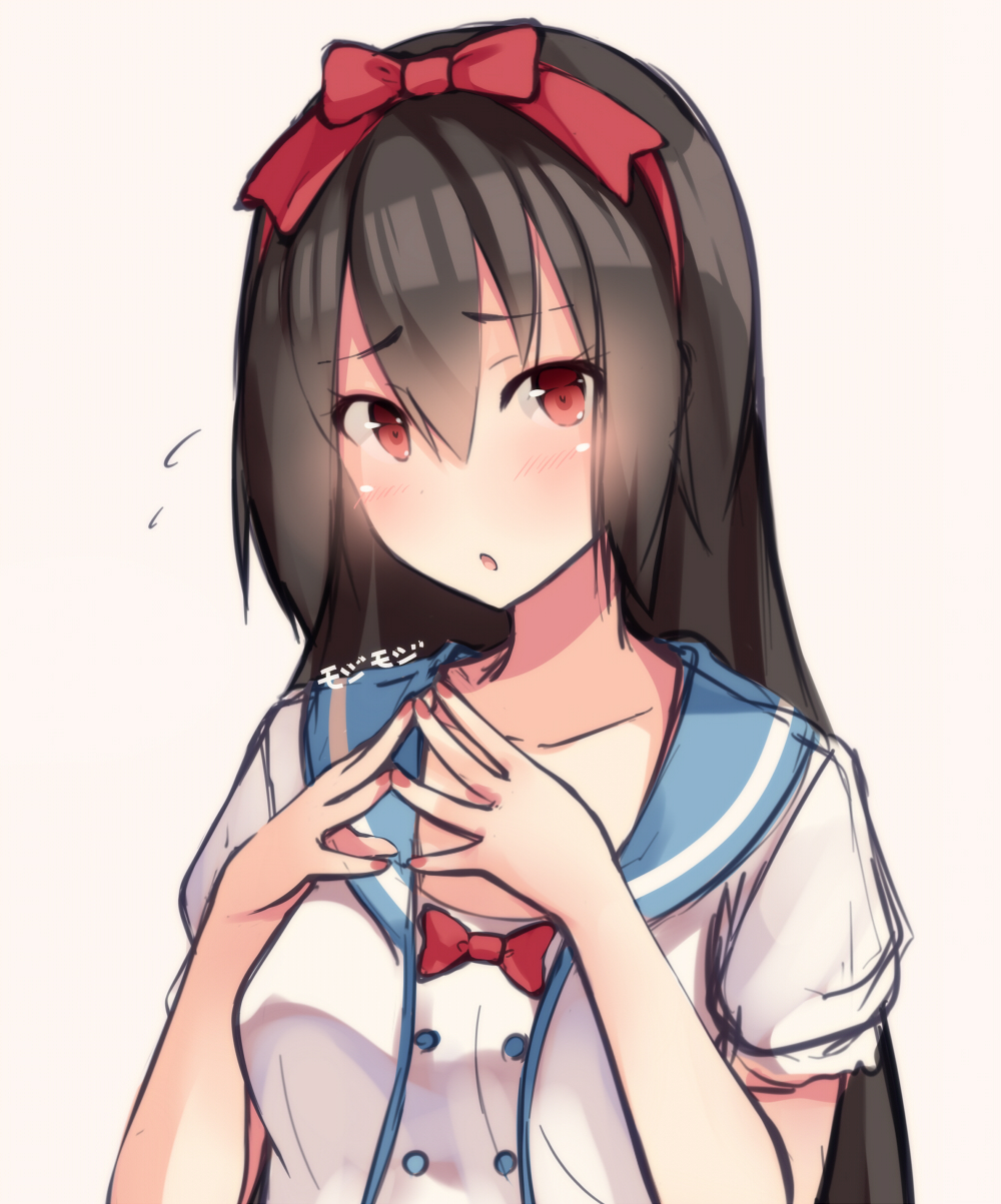 1girl, :o, alternate_costume, black_hair, blush, bust, hair_between_eyes, hairband
