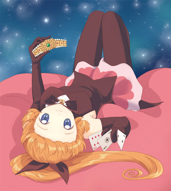 1girl, black_gloves, black_legwear, blue_eyes, brown_hair, card, elbow_gloves, gloves