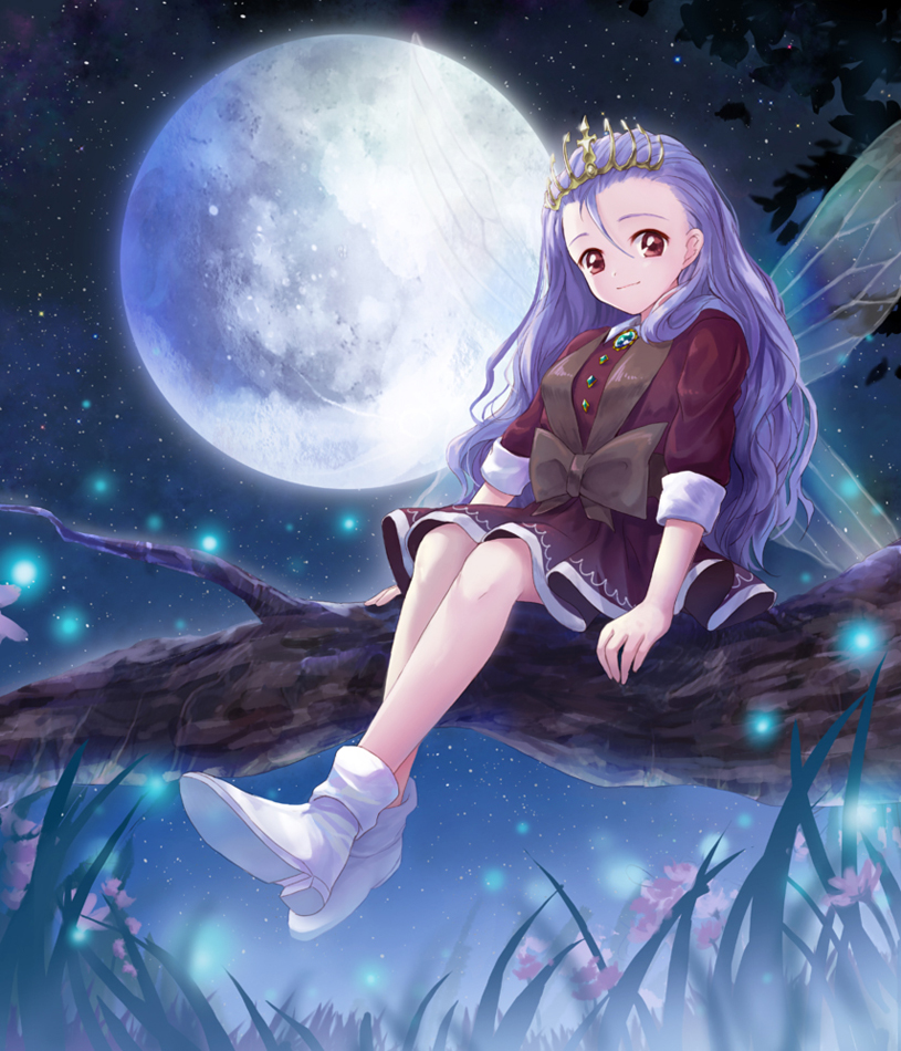 1girl, bow, brooch, brown_eyes, dress, fairy_wings, fireflies, flower, full_moon, grass, hair_between_eyes, jewelry, lisa_(princess_maker), long_hair, looking_at_viewer, moai_(aoh), moon, night, night_sky, princess_maker_3, purple_hair, shoes, short_dress, sitting, sky, sleeves_folded_up, smile, solo, star_(sky), starry_sky, tiara, tree_branch, wings