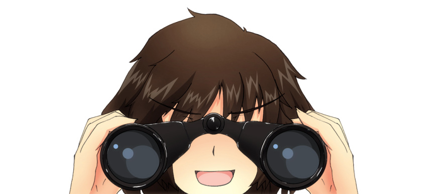 :d, akiyama_yukari, binoculars, brown_hair, girls_und_panzer, kaya_(nari1-24), kilroy_was_here, open_mouth