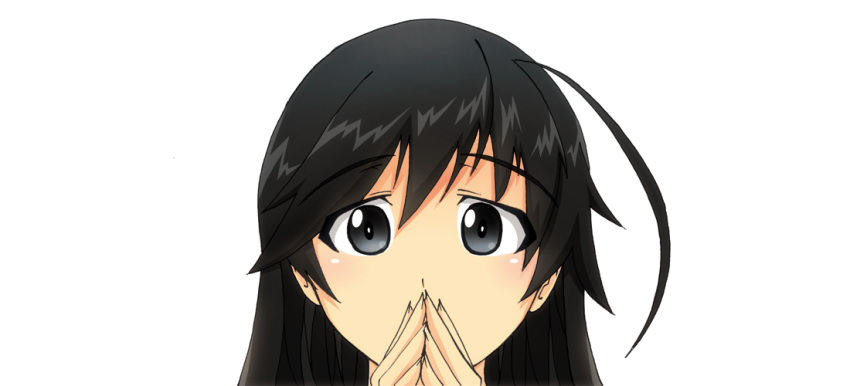 1girl, ahoge, black_eyes, black_hair, covering_mouth, girls_und_panzer, isuzu_hana, kaya_(nari1-24)