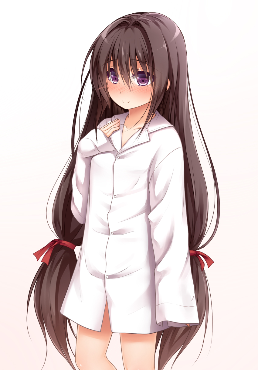 1girl, blush, brown_hair, dress_shirt, hair_intakes, hair_ribbon, haryuu_(poetto), highres