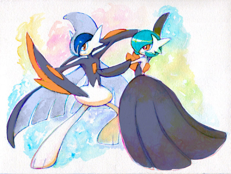 alternate_color, arm_blade, cape, dress, fighting_stance, gallade, gardevoir, horns, mega_gallade, mega_gardevoir, mega_pokemon, no_humans, orange_eyes, pokemon, pokemon_(creature), pokemon_(game), pokemon_oras, pose, shige_(19921012), shiny_pokemon, spikes, traditional_media, watercolor_(medium), weapon