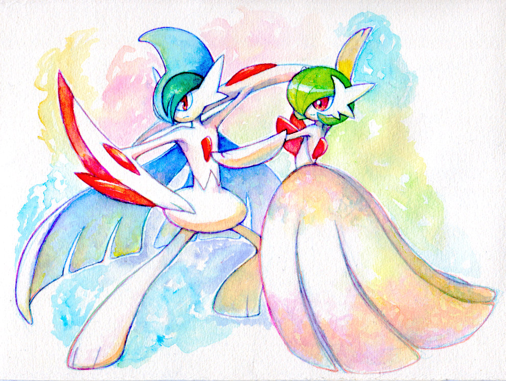 arm_blade, cape, dress, fighting_stance, gallade, gardevoir, horns, mega_gallade