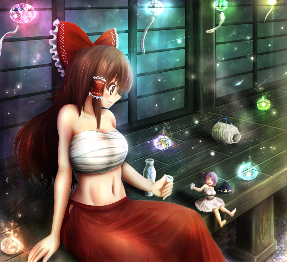 2girls, alcohol, alternate_costume, bare_shoulders, barefoot, bow, bowl, breasts, brown_eyes, brown_hair, cup, dress, hair_bow, hair_tubes, hakurei_reimu, hat, hat_removed, headwear_removed, katori_buta, lantern, large_breasts, long_hair, midriff, minigirl, multiple_girls, navel, open_mouth, porch, purple_hair, sake, sarashi, satoji_(ochanomkmskry), short_hair, sitting, size_difference, skirt, smile, stomach, sukuna_shinmyoumaru, tokkuri, touhou, violet_eyes, wind_chime