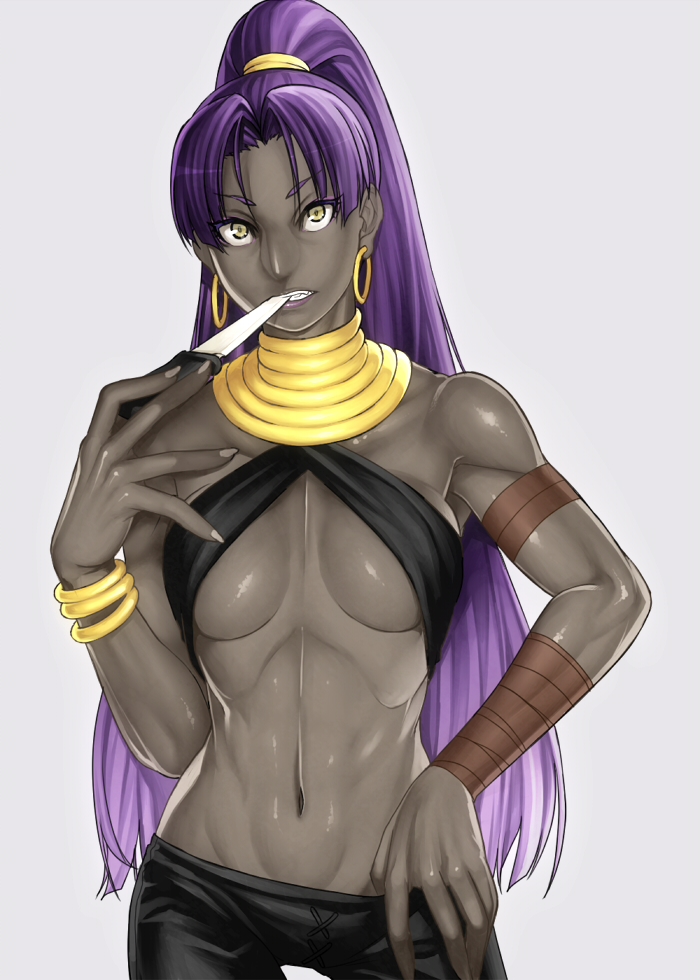 1girl, assassin_(fate/zero), blush, bracelet, breasts, dark_skin, earrings, fate/zero